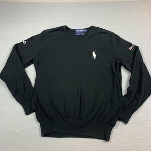Polo Golf Ralph Lauren Sweater Mens Medium Black V Neck Cotton Embroidered Logo